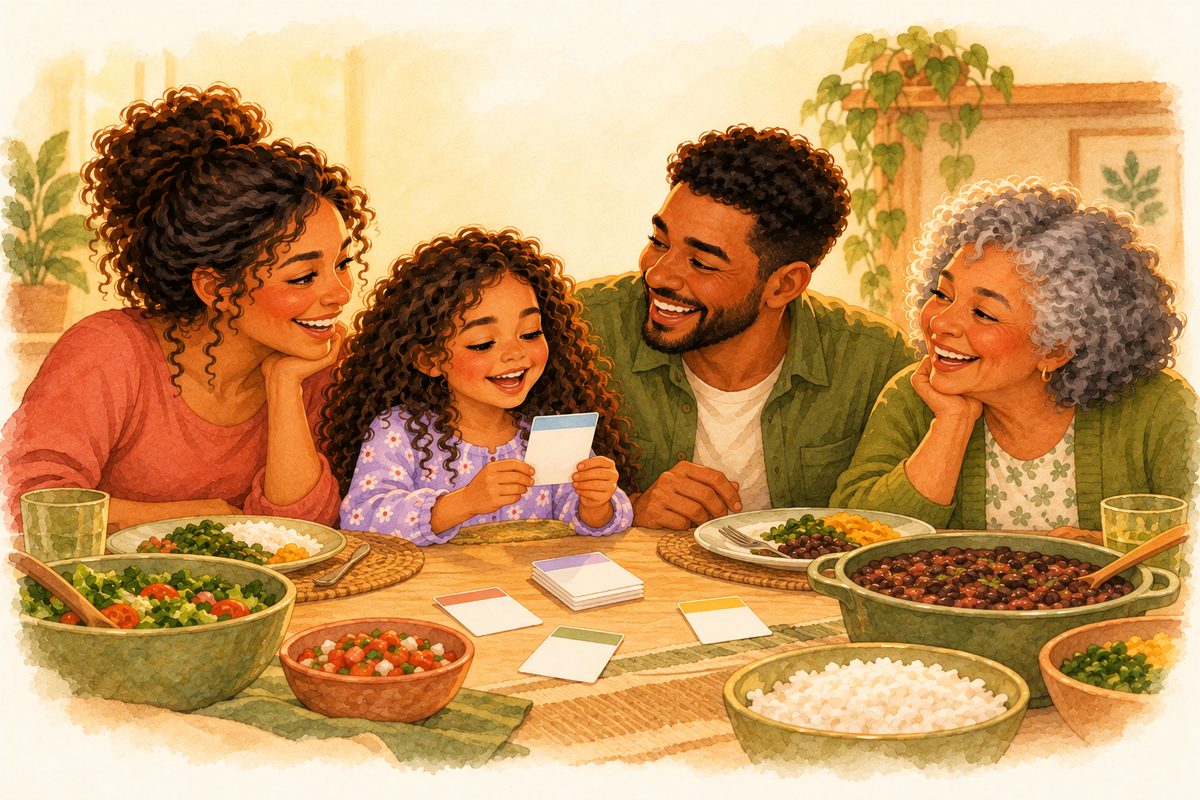 Família reunida à mesa de jantar enquanto a filha lê uma carta em voz alta