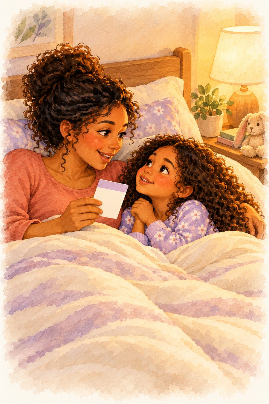 Mãe e filha na cama conversando com uma carta da Mesa de Fé antes de dormir