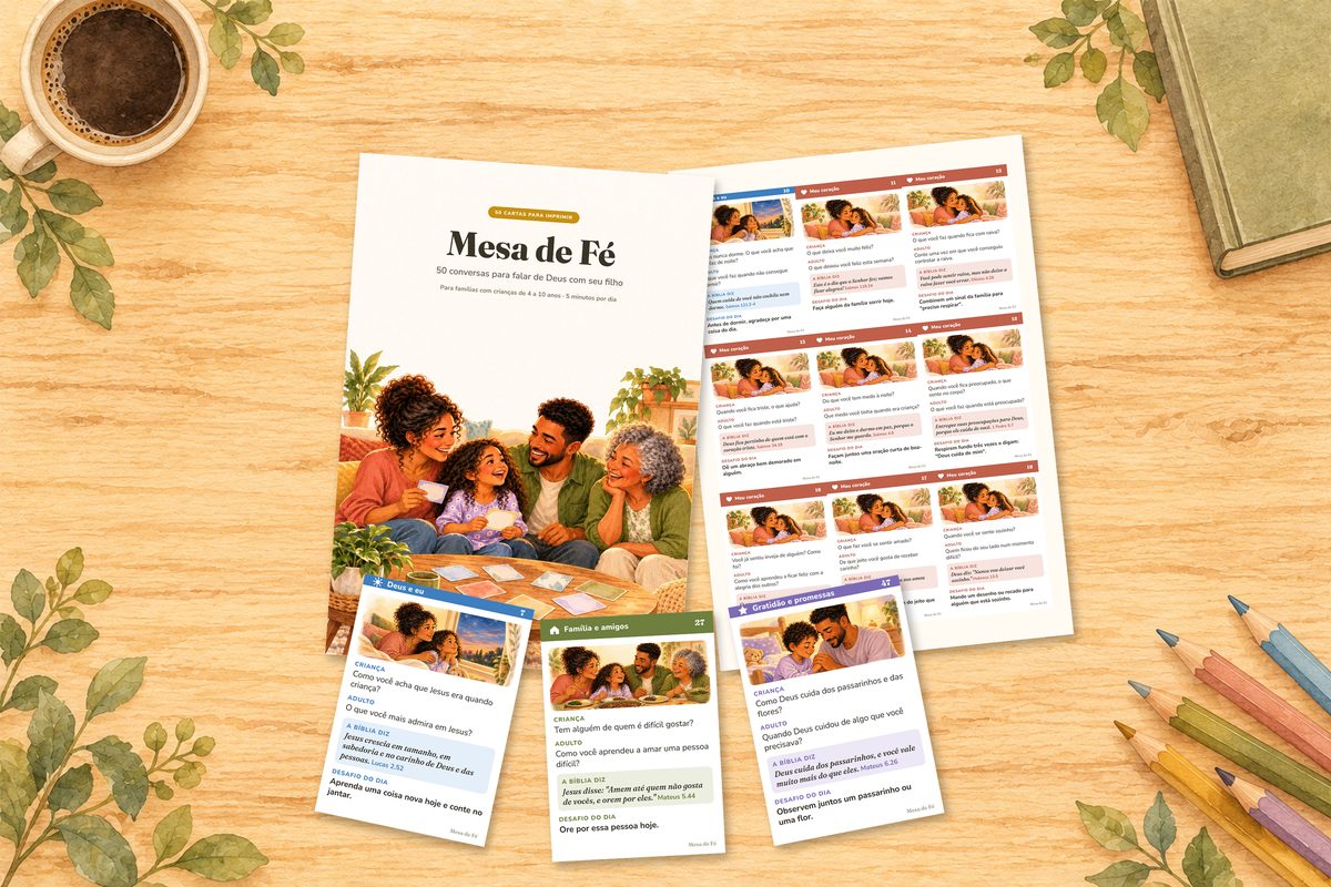 Kit Mesa de Fé: capa do manual, folha com 9 cartas e cartas recortadas sobre a mesa